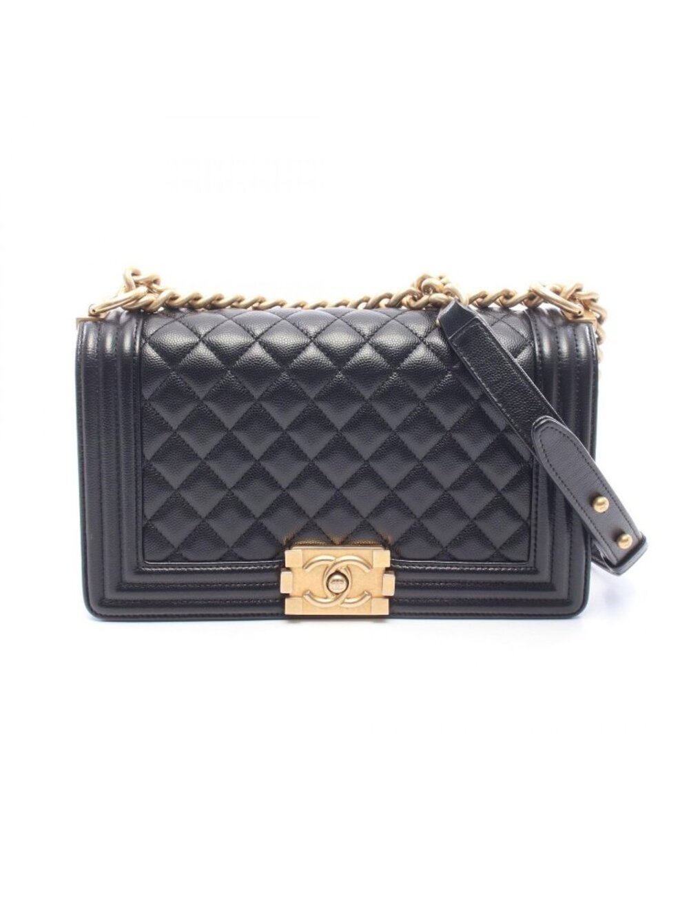 Chanel Shoulder Bag Boy Black Caviar Leather Chain